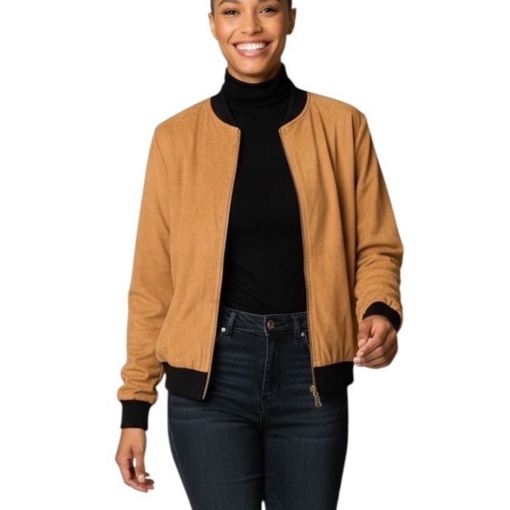 It Girl Womens Tan Faux Suede Microfiber Bomber Jacket Black Trim Size‎ Large